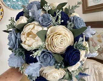 Sola wood flower bridal bouquet, shades of navy blue, dusty blue, and natural or choose custom colors with artificial greenery