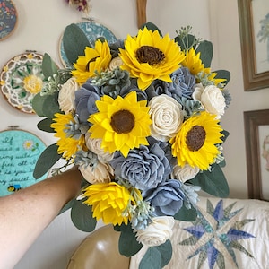 Dusty blue and sunflowers sola wood cascade bridal bouquet, made to order