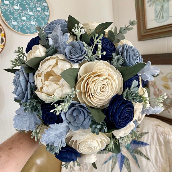 Sola wood flower bridal bouquet, shades of navy blue, dusty blue, and natural or choose custom colors with artificial greenery