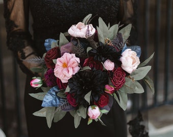 Dark and moody sola wood and silk bridal bouquet, in stock and ready to ship, burgundy, blush, and black with eucalyptus, Halloween wedding