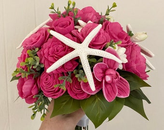 Magenta bright pink tropical sola wood bouquet with starfish and hand painted orchids / ready to ship