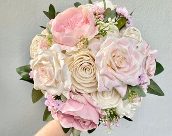 Shades of pink and ivory luxury sola wood rose bridal bouquet, ready to ship