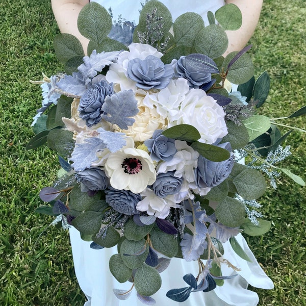 Dusty blue and ivory bridal bouquet, made to order, made with sola wood flowers and silk flowers, dusty blue wedding bouquet