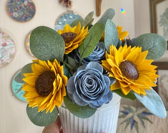 Dusty blue and sunflower sola wood floral arrangement, made to order