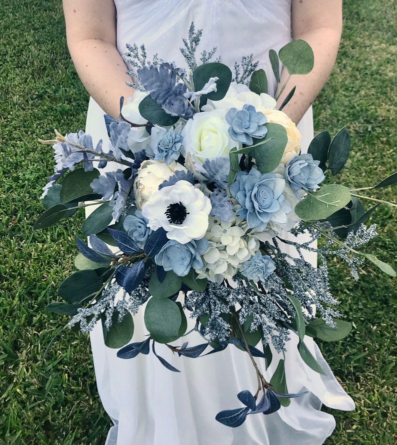 Dusty blue and ivory bridal bouquet made to order made with image 1