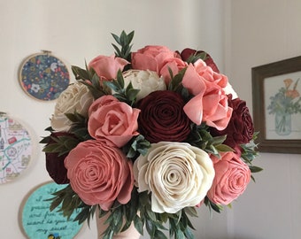 Sola wood flower bridal bouquet in shades of burgundy, blush, and natural or choose custom colors with artificial greenery