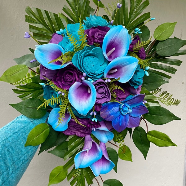 Peacock colors with galaxy orchid and faux calla lilies, sola wood cascade bridal bouquet, made to order