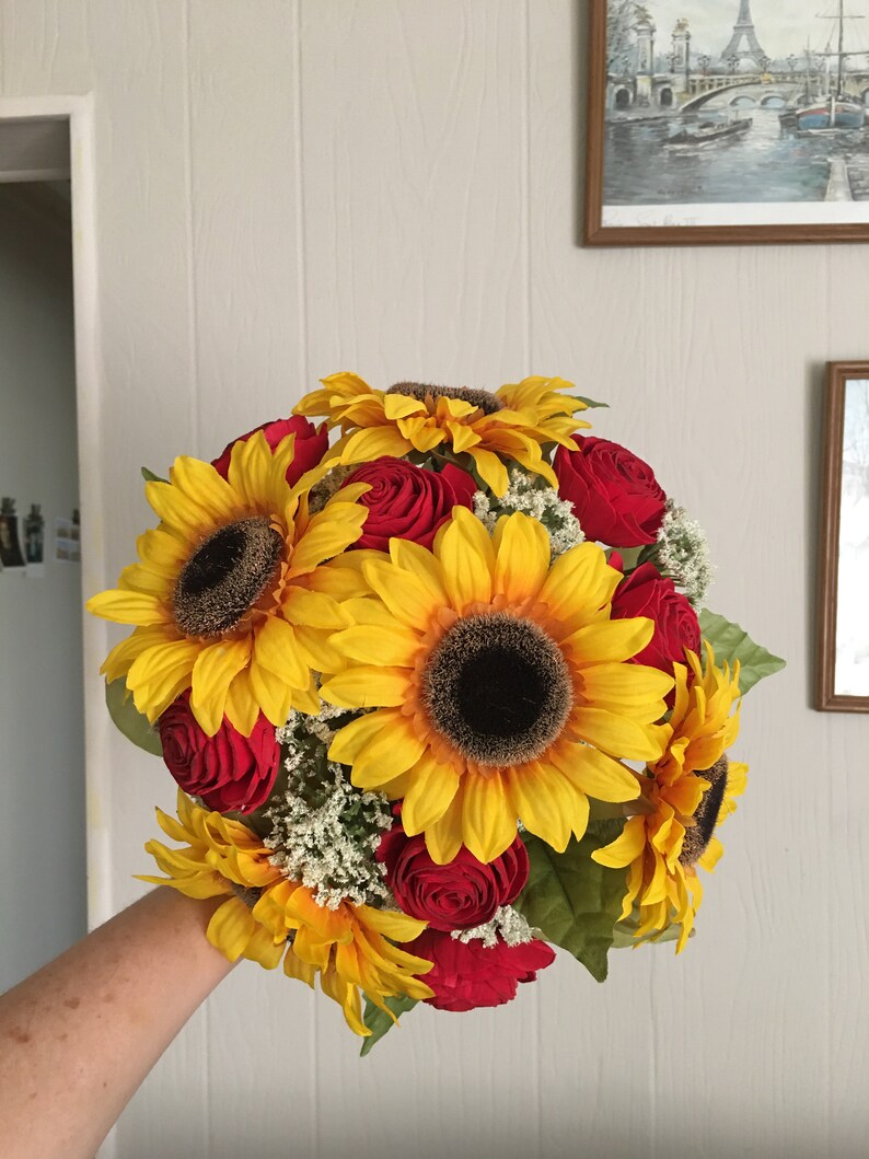 Sunflower and red rose bridal bouquet made to order silk and Etsy