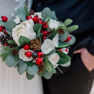 Christmas winter holiday bridal bouquet made with sola wood flowers and faux berries and greenery, ready to ship