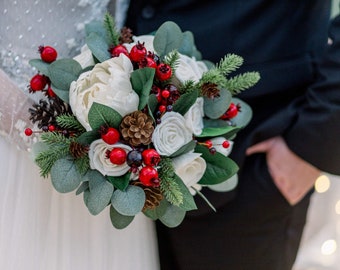 Christmas winter holiday bridal bouquet made with sola wood flowers and faux berries and greenery, ready to ship