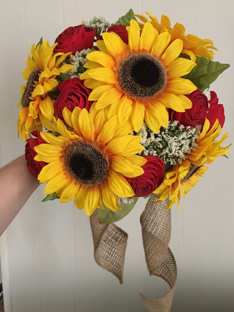 Sunflower and red rose bridal bouquet made to order silk and Etsy