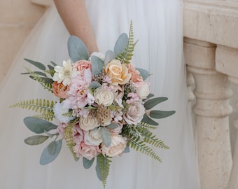 Ready to ship silk and sola wood bridal bouquet in shades of blush, peach, ivory, and taupe