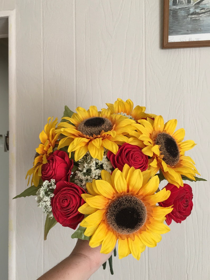 Sunflower and red rose bridal bouquet made to order silk and Etsy