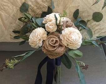 Burlap rose and sola flower bridal bouquet with greenery, bridesmaids bouquets, rustic wedding flowers
