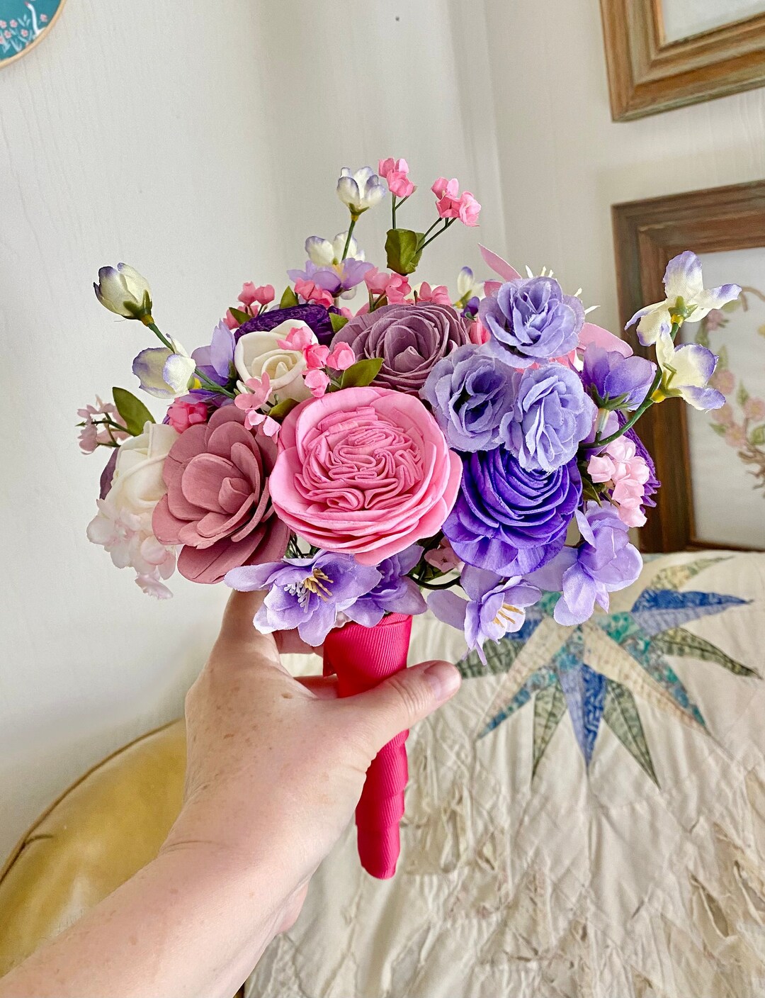 Bouquet de fleurs en bois de sola rose et violet et soie - Etsy France