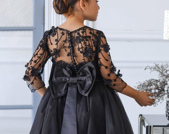 Vestido de niña de flores de encaje negro, vestido de satén con mangas para niña, vestido de boda o fiesta de cumpleaños para niña pequeña