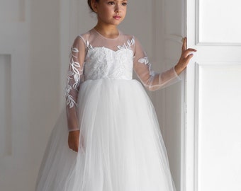 Vestido de tul con encaje color marfil para niña de las flores: vestido de comunión de manga larga, vestido de gala para bebé o niña pequeña para ocasiones especiales.