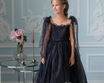 Vestido de tul negro para niña de las flores, vestido de cumpleaños para niña pequeña, elegante vestido de encaje para boda, comunión o sesión de fotos.