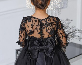 Vestido de niña de flores de encaje, vestido de niña negro, vestido de niña de tul, vestido de niña de cumpleaños, vestido de fiesta, vestido de niña pequeña, vestido para sesión de fotos, vestido de niña de fiesta