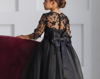 Vestido de tul con encaje negro para niña de las flores: elegante vestido de fiesta o cumpleaños para niña pequeña, vestido de princesa para sesión de fotos.