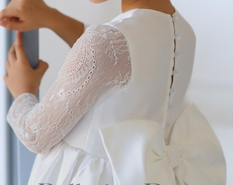 First Communion Dress for Girls – Lace Catholic Communion Dress with Long Sleeves for Baptism or Church Ceremony