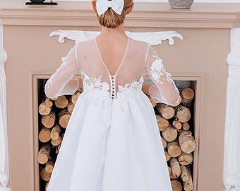 Ivory Long Sleeve Flower Girl Dress, Holy Communion Dress,Tutu Ball Gown for Toddler,Elegant Ivory Girl Dress for Wedding or First Communion
