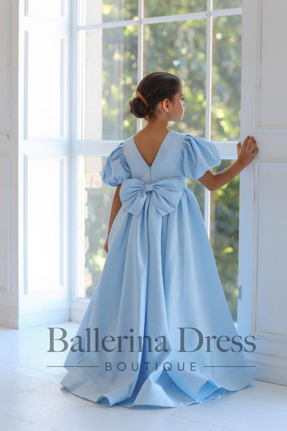 Blue Flower Girl Dress,toddler Satin Dress,junior Bridesmaid Dress, Ivory  Girl Dress,girl Wedding Dress,girl Ball Gown,rustic Girl Dress