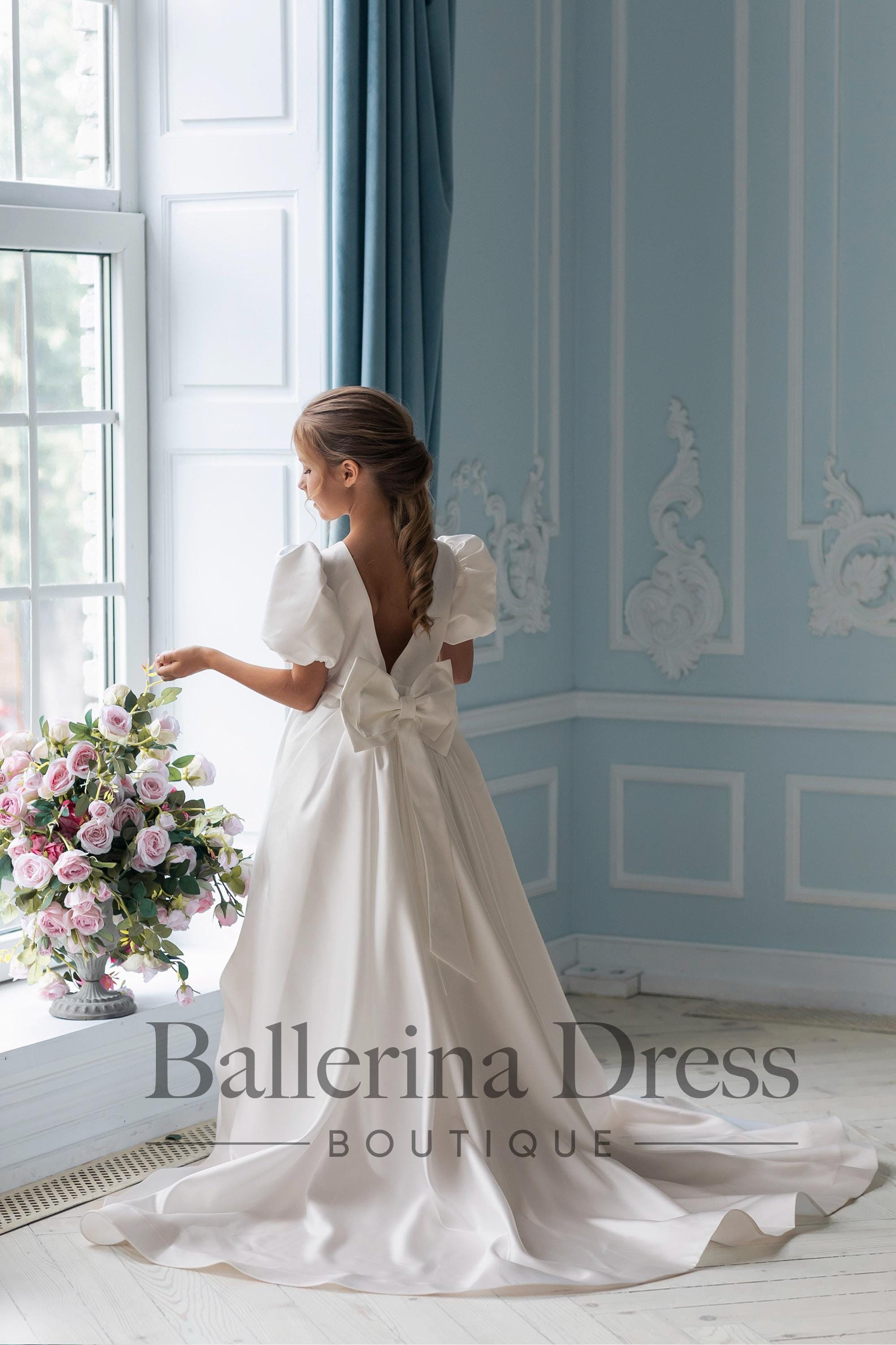 thumbnail interactive-video image 1 of White A-Line Satin Flower Girl Dress – Tea Length, 12 Months To 18 Years, Wedding & Communion 1 of 5