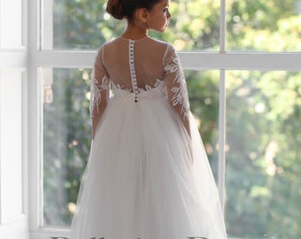 Vestido de niña de flores rústico, vestido de niña de flores de encaje, vestido de niña de flores de manga larga, vestido de tul para bebé, vestido de tutú para niña pequeña, vestido de boda para niñas