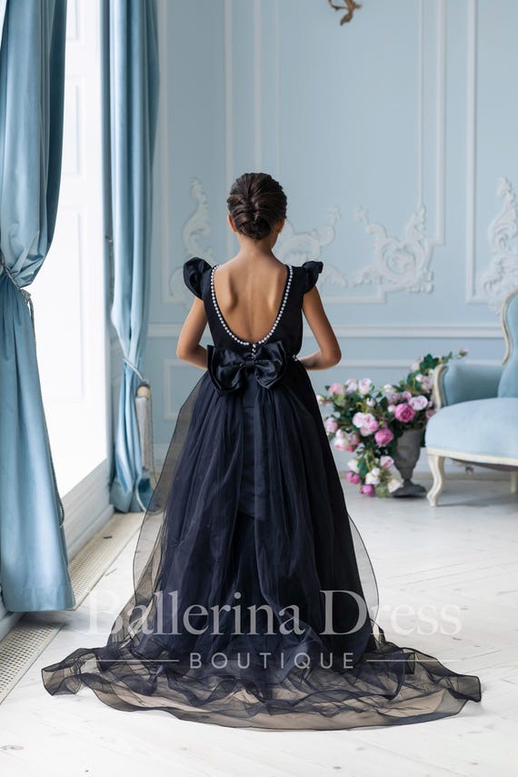 Black Satin Flower Girl Dress With Pearls  Toddler Ball Gown With Tulle  Train, Elegant Communion or Christmas Formal Dress for Girls - Etsy