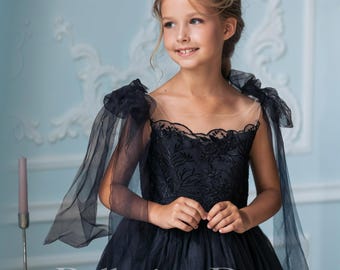 Vestido de encaje para niña de las flores, vestido negro para niña, vestido de princesa para niña de las flores, vestido de tul para niña, vestido formal para niña, vestido de fiesta para niña, vestido para niña pequeña