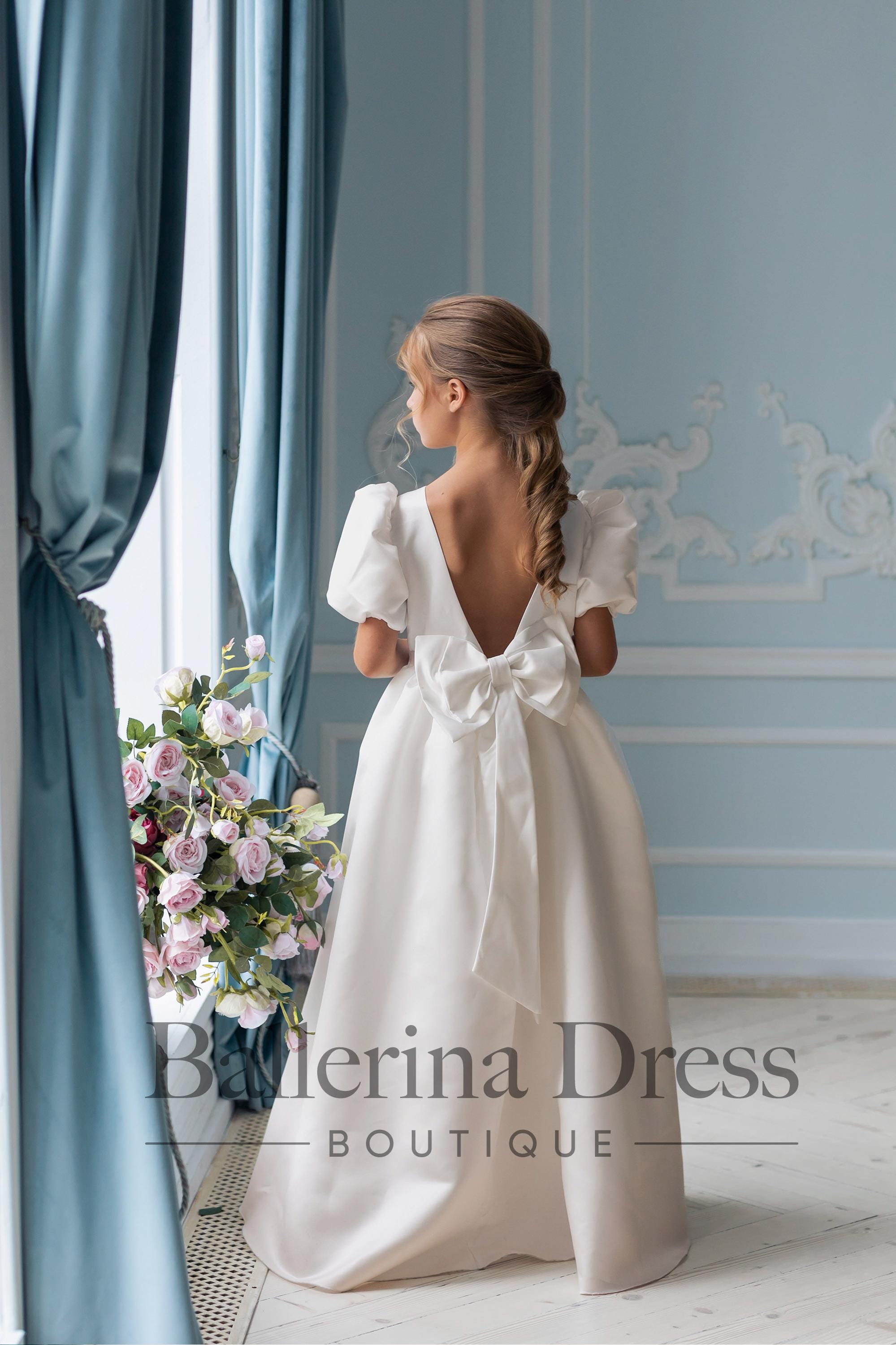 White flower girl dress Satin toddler dress Rustic junior bridesmaid dress Ivory girl dress Princess dress  Flower girl dress train