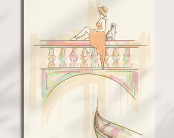 4 Travel Illustrations / Instant Digital Downloads / Venice, Paris, New York, London fashion illustration set / Girl traveling with her dog