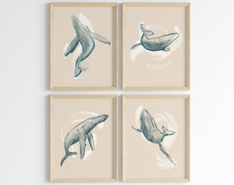 Whale Art Set / 4 Instant *Digital* Downloads / Joyful and elegant coastal beach ocean painting art set