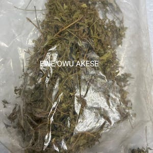 以下が含まれることがあります： 乾燥した緑色の葉と茎が入った透明なビニール袋。袋には白で「EWE OWU AKESE」の文字が印刷されています。葉は明るい緑と濃い緑が混ざっています。