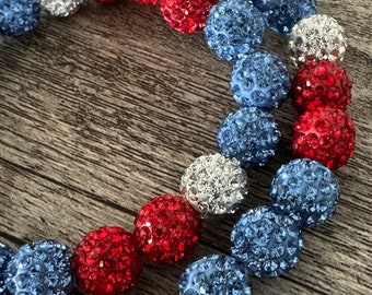 Baseball Bling Necklace-Red, white & light blue