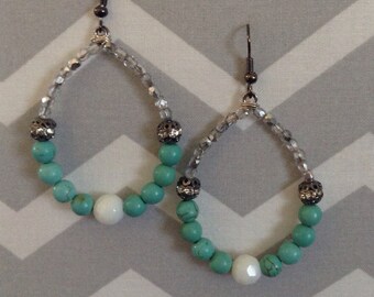 Silver/turquoise beaded hoops