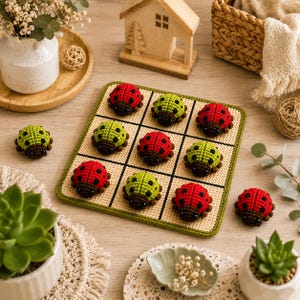 May include: A crochet tic-tac-toe game board featuring a beige square grid with a green border. The game pieces consist of nine small, stuffed ladybird figures in alternating red and lime green colours with dark brown heads and black spots.