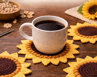 Floral Crochet Sunflower Coaster PDF Pattern, Flower Cup Holder Crochet Pattern, Easy Crochet Coaster Digital Download