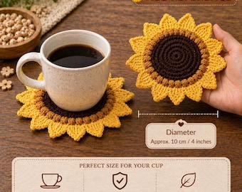 Floral Crochet Sunflower Coaster PDF Pattern, Flower Cup Holder Crochet Pattern, Easy Crochet Coaster Digital Download