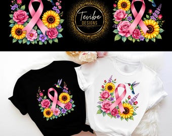 Pink Breast Cancer Awareness Ribbon: Floral Butterfly Hummingbird (PNG SVG)