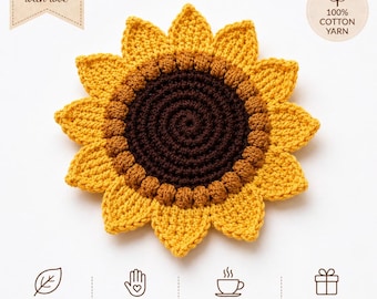 Floral Crochet Sunflower Coaster PDF Pattern, Flower Cup Holder Crochet Pattern, Easy Crochet Coaster Digital Download