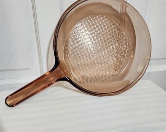 Vintage Glass Frying Pan Retro 1980s Vision + Corning + Smokey Amber Brown  + 10 Inch + Waffle + Skillet + Kitchen + Stovetop + Cookware