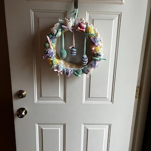 15&quot; Easter Egg Door Wreath, Hand Crochet cotton on straw wreath