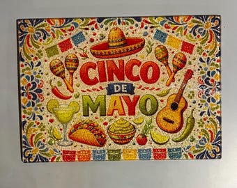 Cinco de Mayo Cutting Board | Fiesta Kitchen Decor | Colorful Taco & Margarita Design | Tempered Glass Board | 11x8 or 15x11 Inch Options