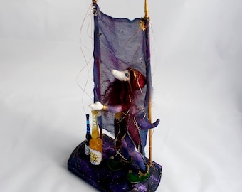 miniature fantasy sculpture, alchemist, sorcerer, night & day wizard, sorcerer's apprentice