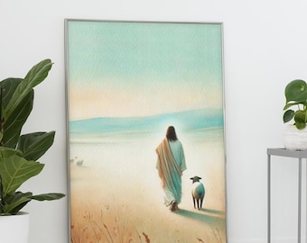 イエス・キリストのアートプリント：善き羊飼い、迷える羊の絵画