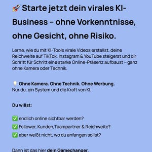 May include: A light blue graphic with white text promoting a business opportunity. The text includes phrases like "viral AI-Business" and "no prior knowledge required." It lists benefits and asks if you want to become visible online.