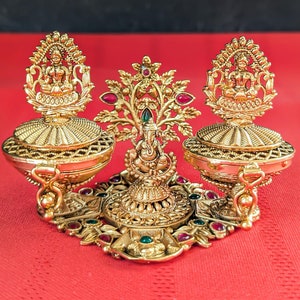 Beautiful Designer Indian Temple Rajwadi Polish Dual Sindoor Small Kumkum Box Adorned with Ganesh Lakshmi Ji Idols / Sindoor Dabbi