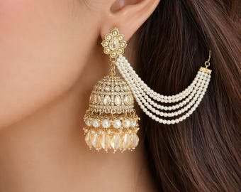 Ivory Jhumka Earrings with Pearl Chain: Indian Wedding Jewelry